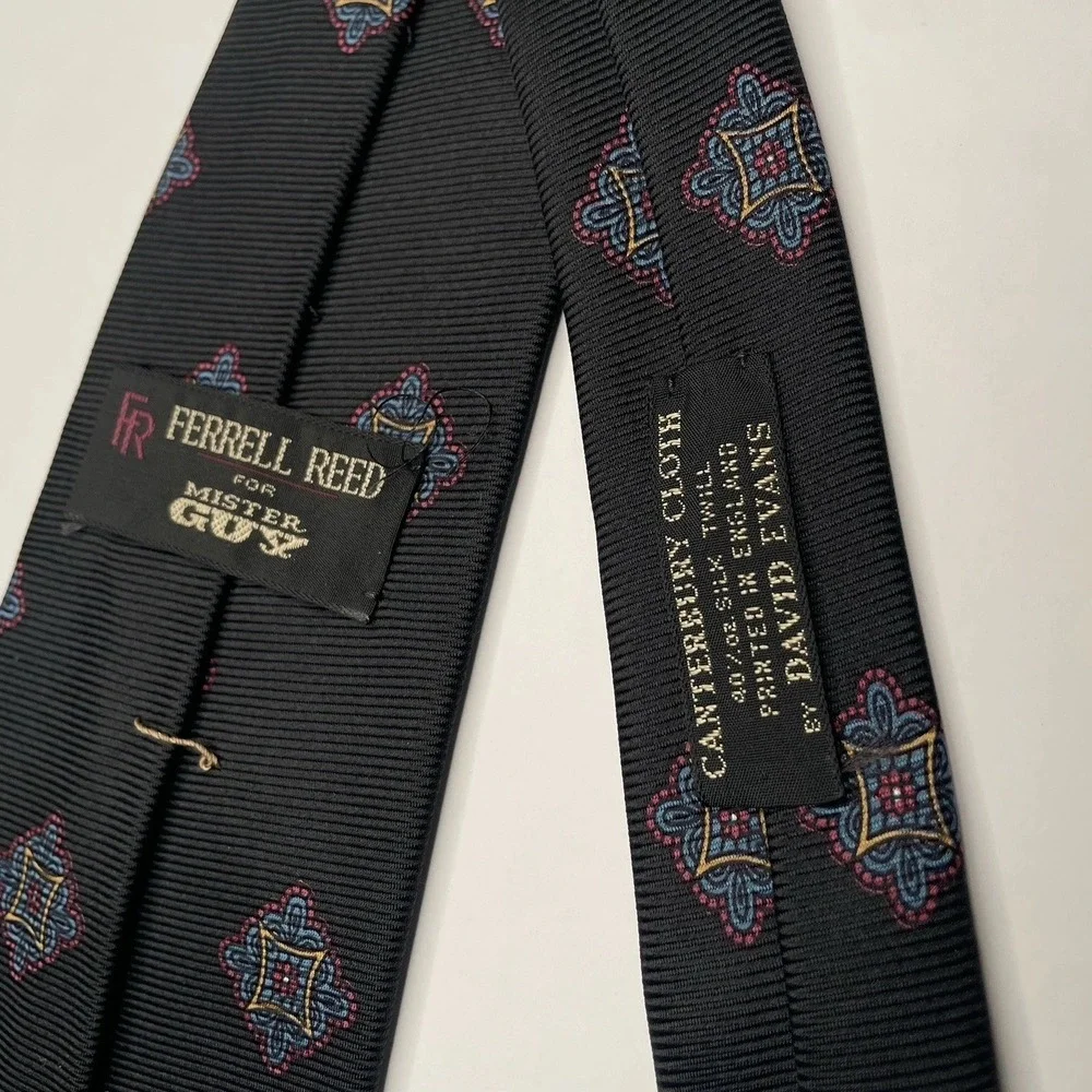 Ferrell Reed x David Evans Canterbury Silk Tie Black Hand Made & Printed England